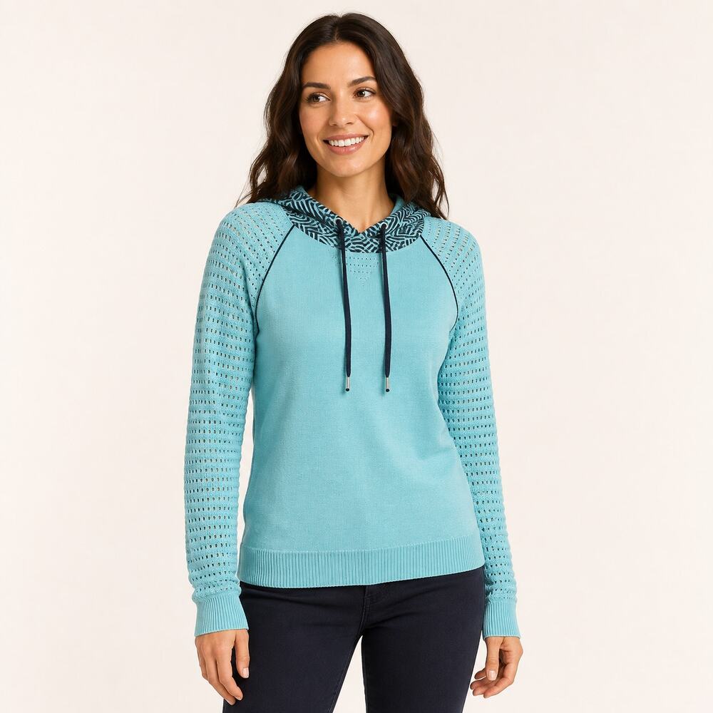 Title Nine Aqua Hooded Cotton Sweater XS Open Knit Sleeve Pullover